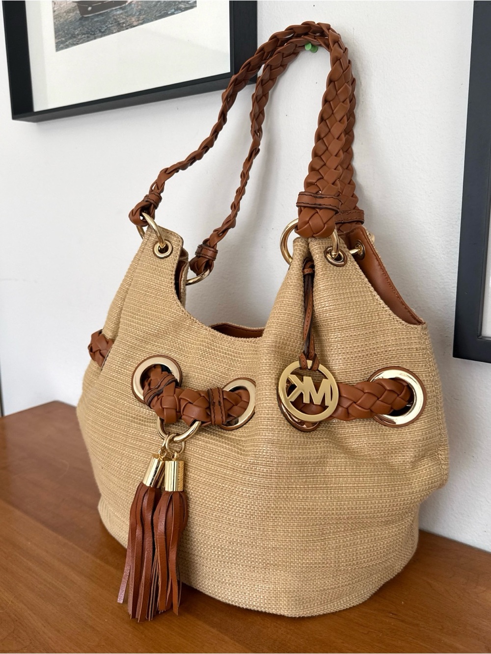 Michael Kors Large Braided Raffia Shoulder Bag in Natural/Tan - Picture 3 of 9
